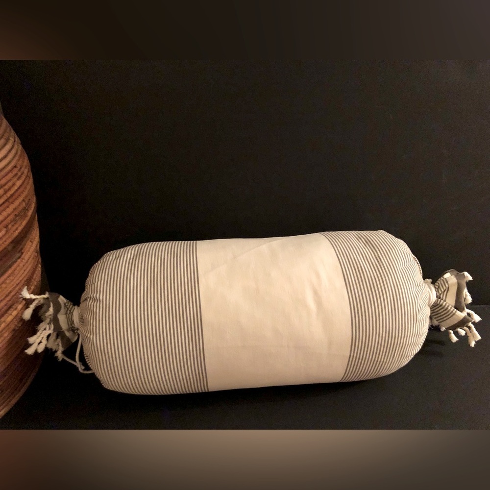 West Elm Striped Cotton Round Bolster Pillow Tie Tassle Ends w/Feather Insert